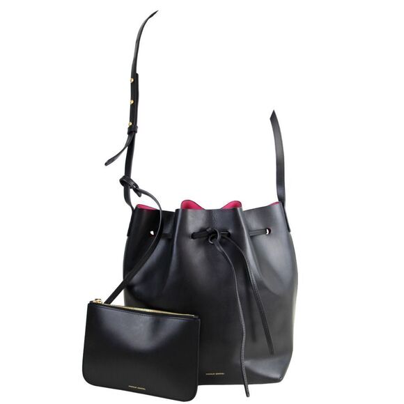MANSUR GAVRIEL BLACK PINK GENUINE LEATHER DRAWSTRING X-BODY SHOULDER BAG + POUCH - Picture 1 of 16